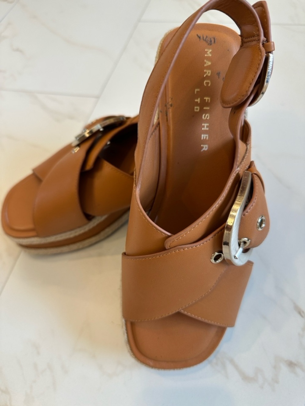 Marc Fisher Cognac Buckle Platform Slingback Sandals